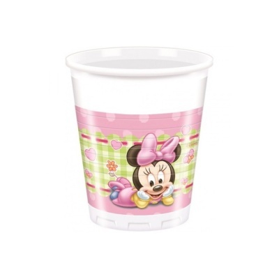 Copo plástico decorado com imagem da Minnie bebé e padrão colorido
