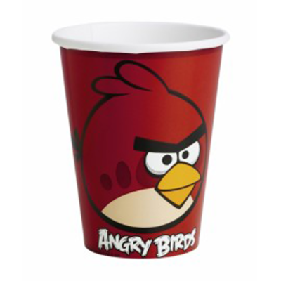 Copo de papel vermelho com personagem Angry Birds vermelho e texto ANGRY BIRDS.