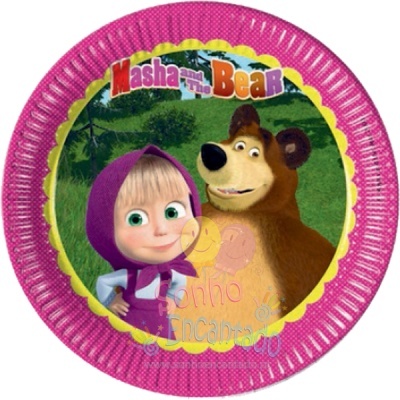 Prato descartável com imagem de Masha and The Bear, borda rosa e personagens em fundo verde