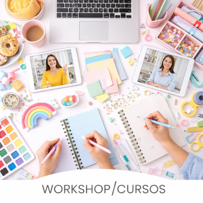 Mesa com tablets, laptop, blocos de notas, papéis coloridos e doces, com texto WORKSHOP/CURSOS.