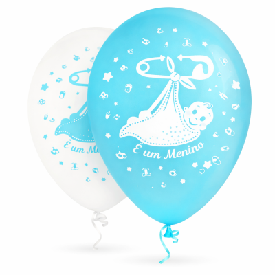 Balões azul e branco para festa com texto É um Menino
