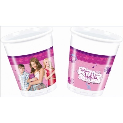 Dois copos plásticos brancos decorados com tema Disney Violetta em tons rosa e violeta.