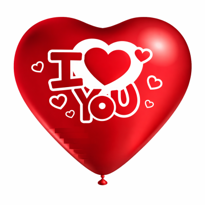 Balão vermelho em forma de coração com texto I LOVE YOU e pequenos corações em redor