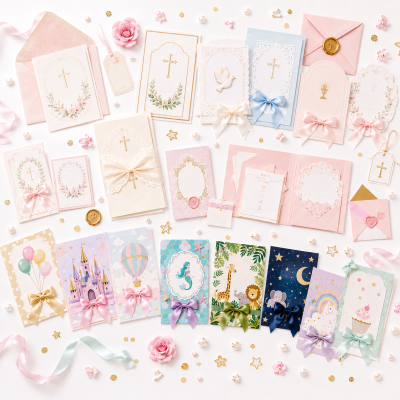 Cartões decorativos em papel com motivos religiosos e infantis, fitas e detalhes dourados sobre fundo branco.