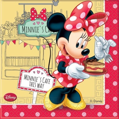 Desenho da Minnie Mouse a servir bolo com texto Minnie’s Cafe