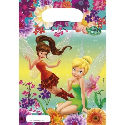 Saco plástico com personagens Disney Fairies e flores coloridas