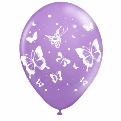 Balão roxo com borboletas brancas