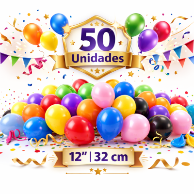 Pacote de 50 balões coloridos de látex de 12 polegadas (32 cm) com decoração festiva.
