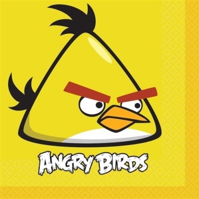 Logótipo dos Angry Birds com pássaro amarelo triangular e texto
