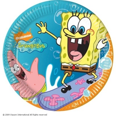 Prato de papel colorido com Spongebob e Patrick desenhados
