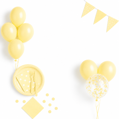 Decoração de festa amarela com balões, pratos, guardanapos, talheres e bandeirola