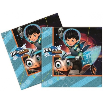 Pacote de guardanapos azuis com personagem infantil Miles e texto Disney Miles from Tomorrow