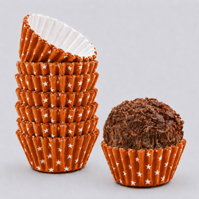 Stack de forminhas para cupcake laranja com estrelas brancas ao lado de cupcake com lascas de chocolate.