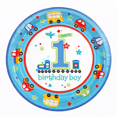 Prato de papel azul para festa de aniversário com desenho de comboio e carros coloridos