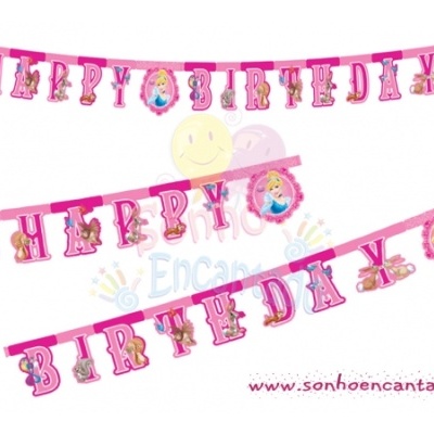 Faixa HAPPY BIRTHDAY cor-de-rosa com princesas e animais