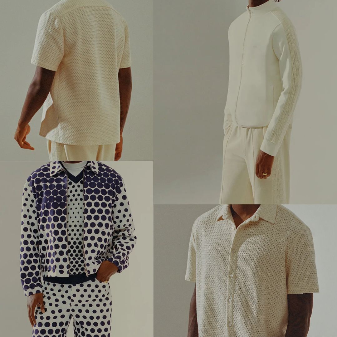 Parceiros Moda masculina com camisas e casaco de pontos azuis, brancos e malha creme em fundo neutro