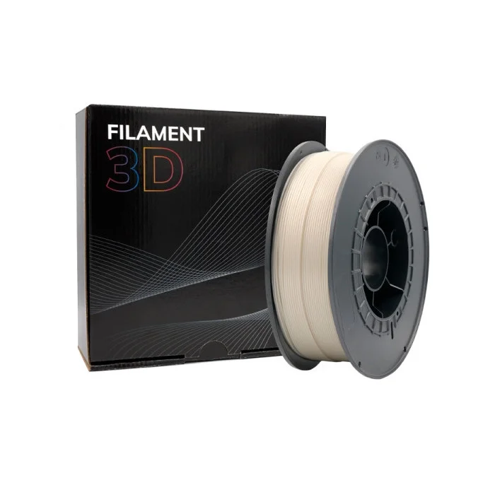 Rolo de filamento 3D creme e embalagem preta com texto FILAMENT 3D