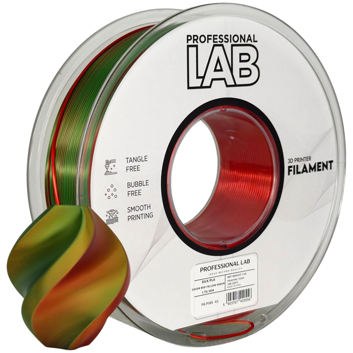 Filamento para impressora 3D Professional Lab vermelho, amarelo e verde em carretel com amostra colorida em espiral