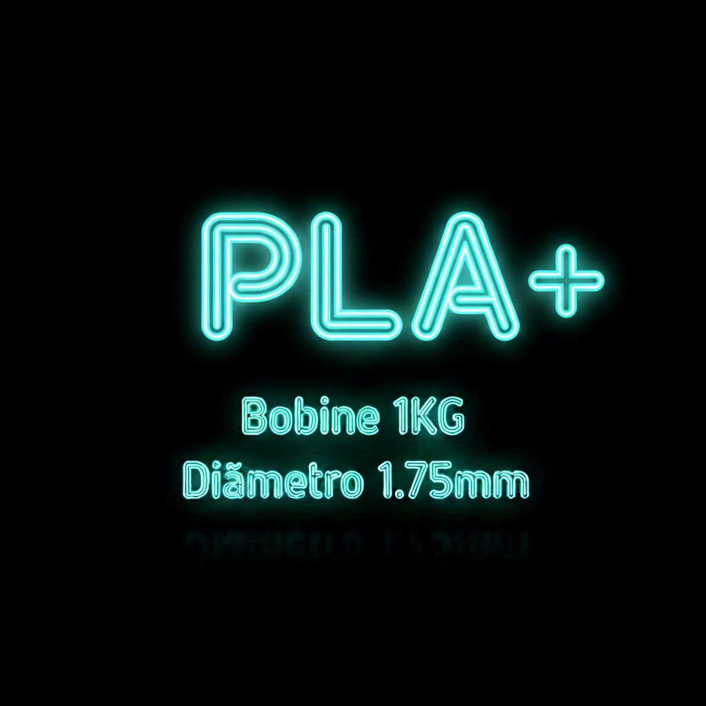 Texto em neon azul a dizer PLA+, Bobine 1KG, Diâmetro 1.75mm
