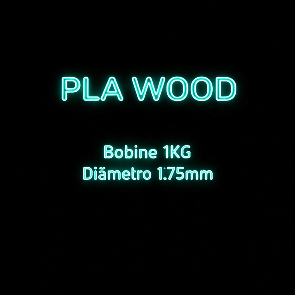 Texto luminoso azul turquesa PLA WOOD, Bobine 1KG, Diâmetro 1.75mm num fundo preto.