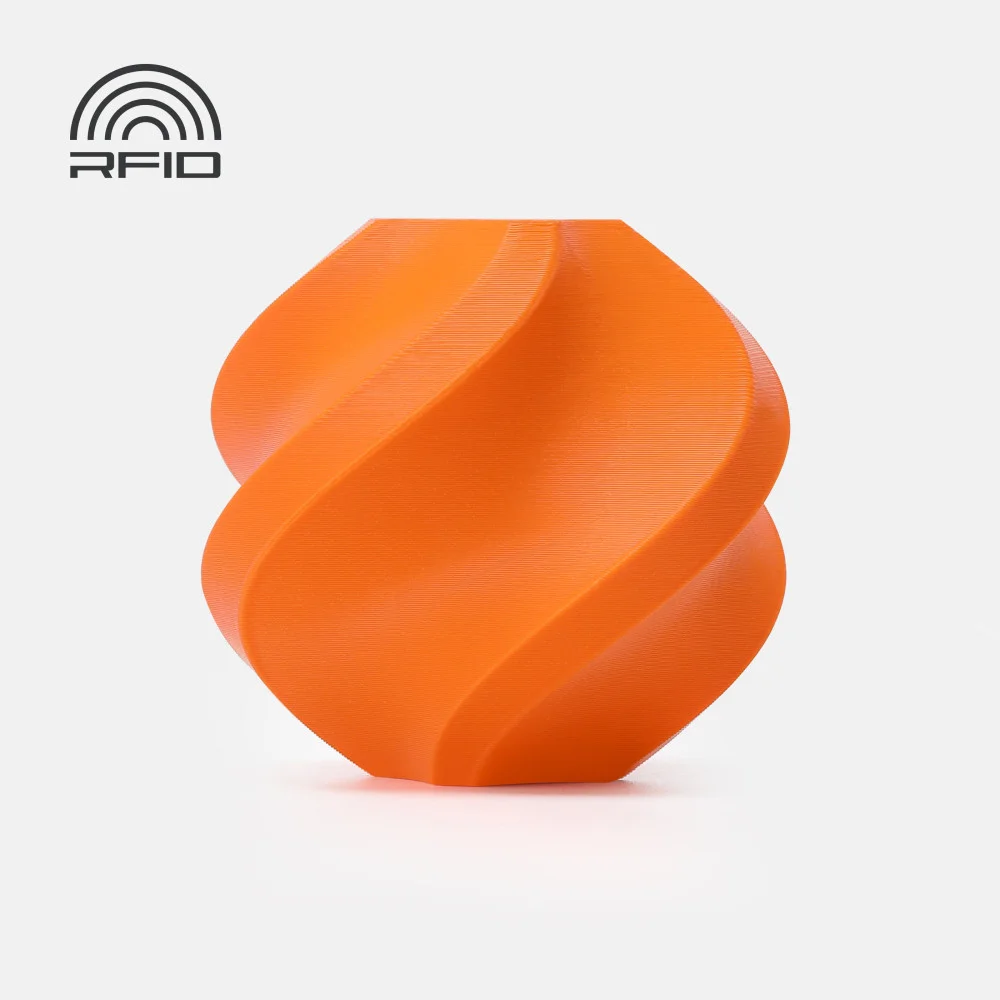 Objeto decorativo laranja espiralado com textura e símbolo RFID preto