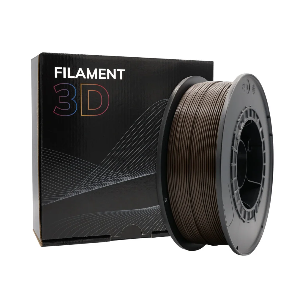 Filamento para impressora 3D castanho escuro em carretel preto com embalagem preta