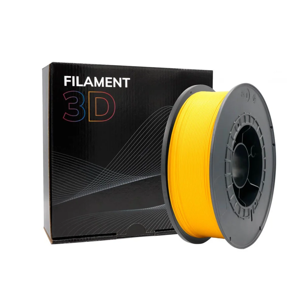 Filamento 3D amarelo com embalagem preta