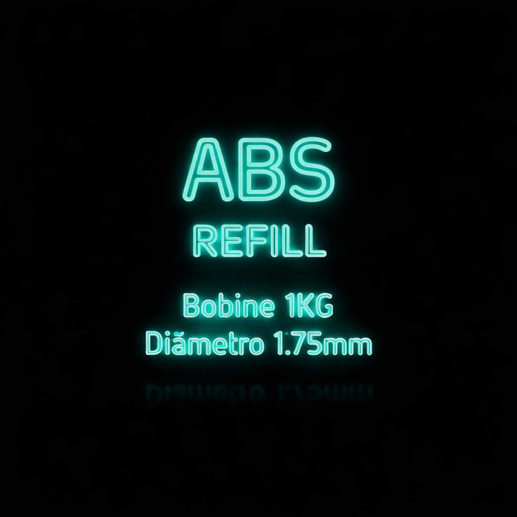 Texto luminoso verde sobre fundo preto com indicações de bobina ABS refill 1KG e diâmetro 1.75mm