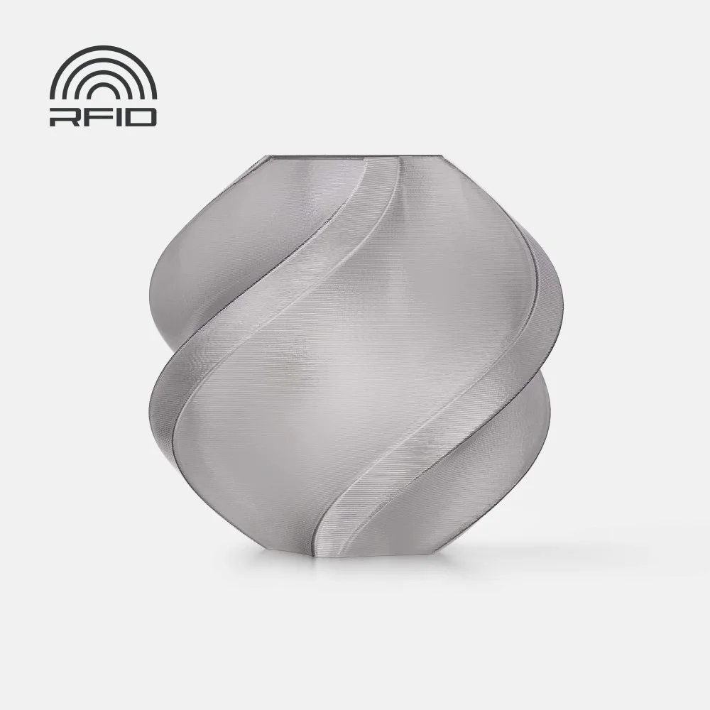 Vaso decorativo cinza com design ondulado e logo RFID