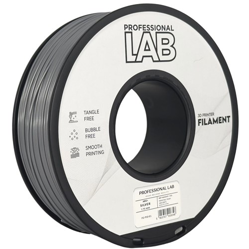 Carretel preto de filamento prateado para impressora 3D com rótulo PROFESSIONAL LAB.