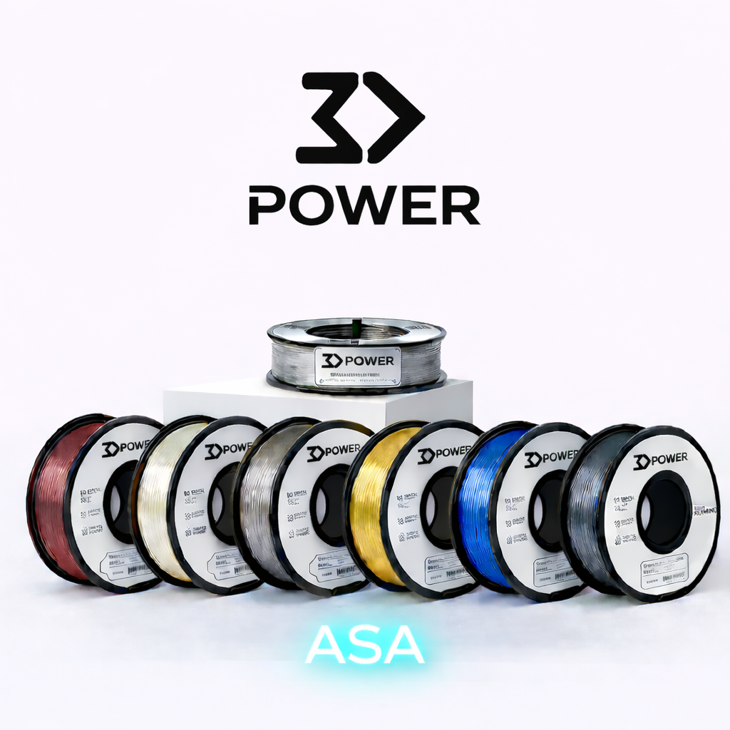 Bobinas de filamento 3D Power de várias cores em fundo branco com texto ASA em luz azul