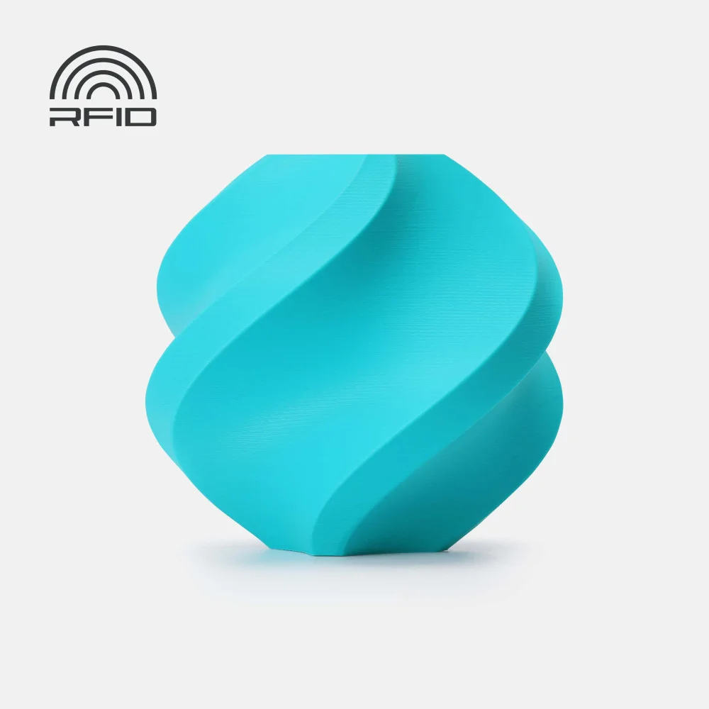 Objeto azul turquesa com formato arredondado e espiralado com texto RFID