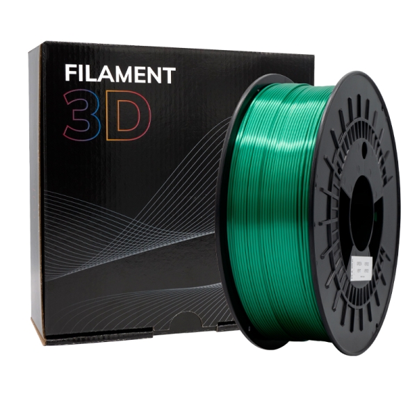 Bobina de filamento 3D verde com carretel preto ao lado de caixa preta com texto FILAMENT 3D.