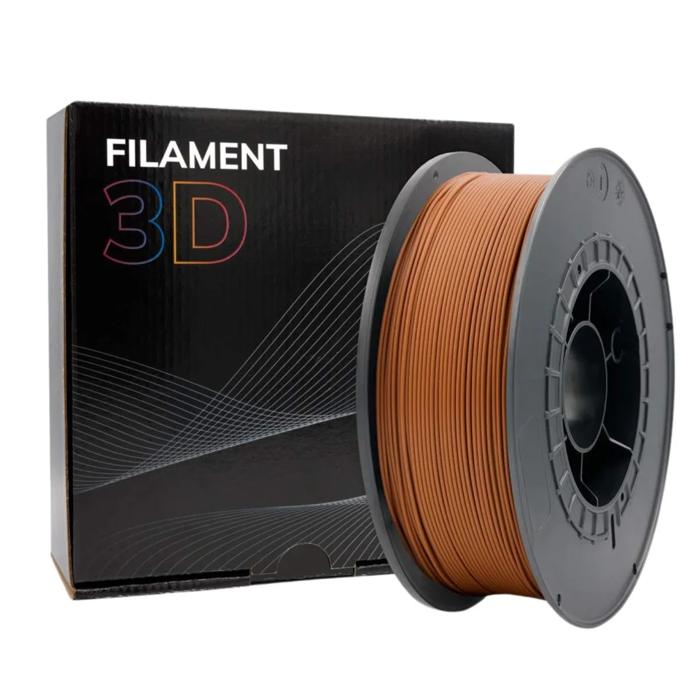 Carretel de filamento castanho para impressão 3D e caixa preta com texto FILAMENT 3D