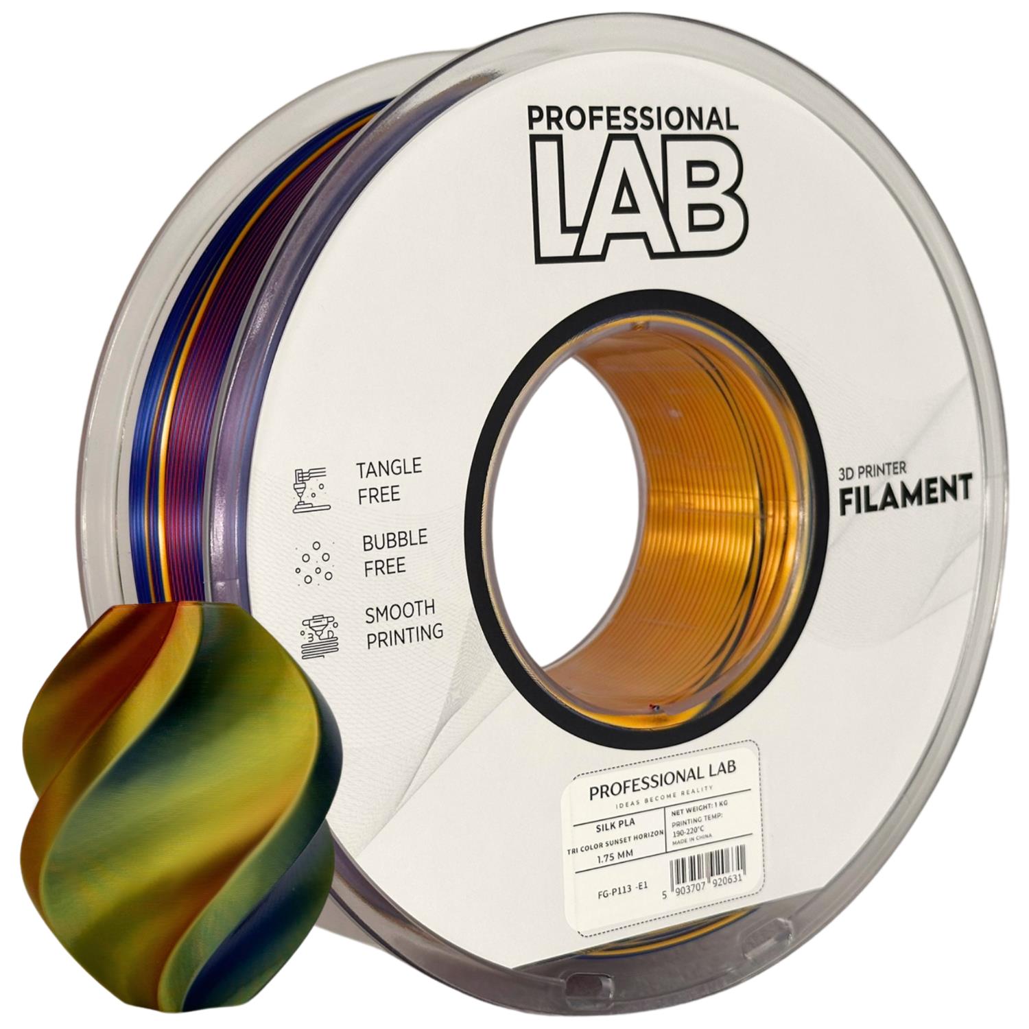 Carrete de filamento para impressora 3D PROFESSIONAL LAB com filamento colorido e objeto impresso colorido
