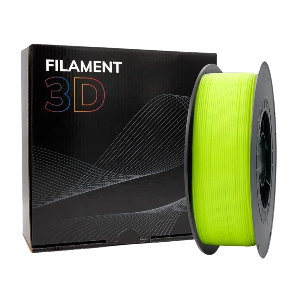 Rolo de filament 3D verde fluorescente com caixa preta