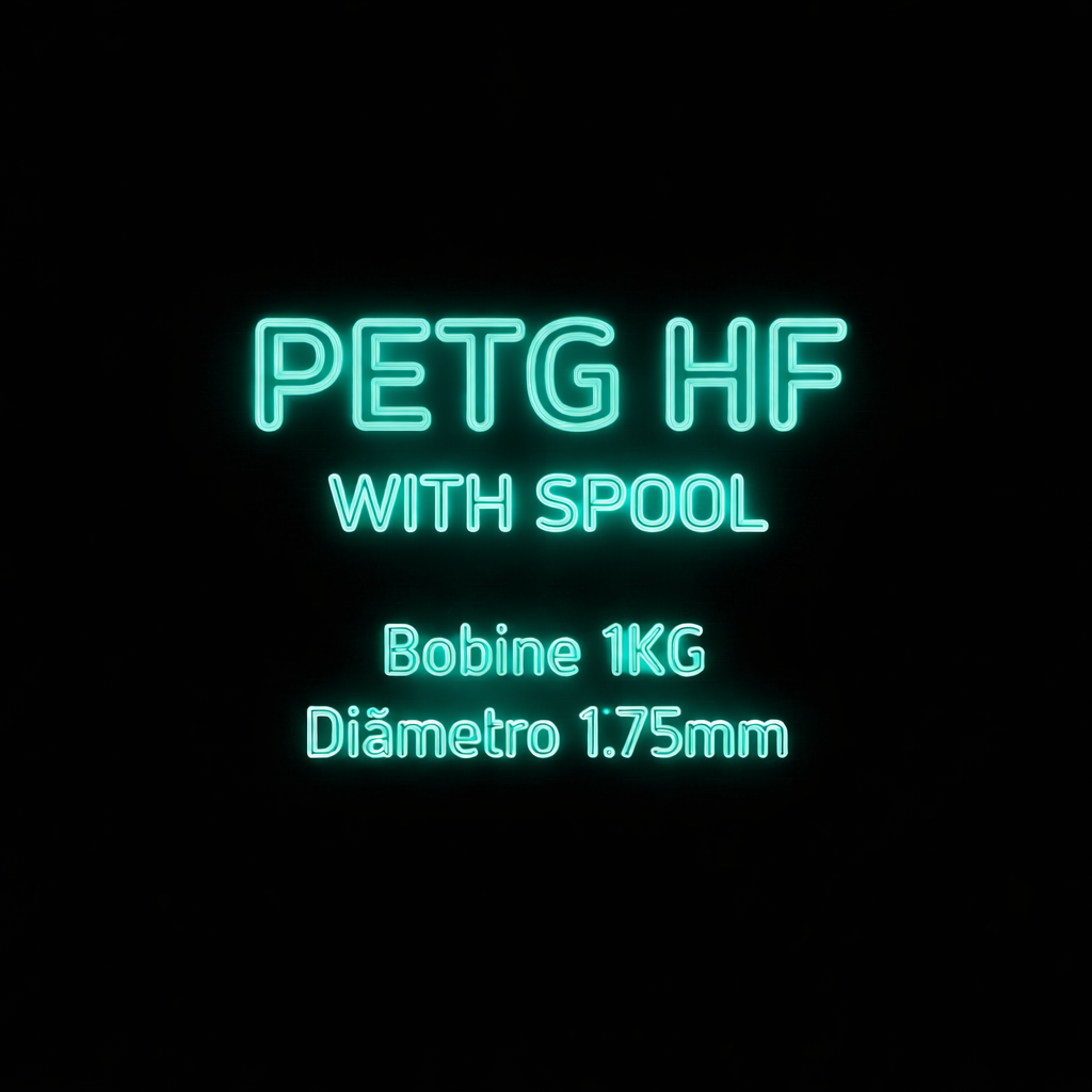 Texto néon azul indicando PETG HF com bobina, 1KG, diâmetro 1.75mm