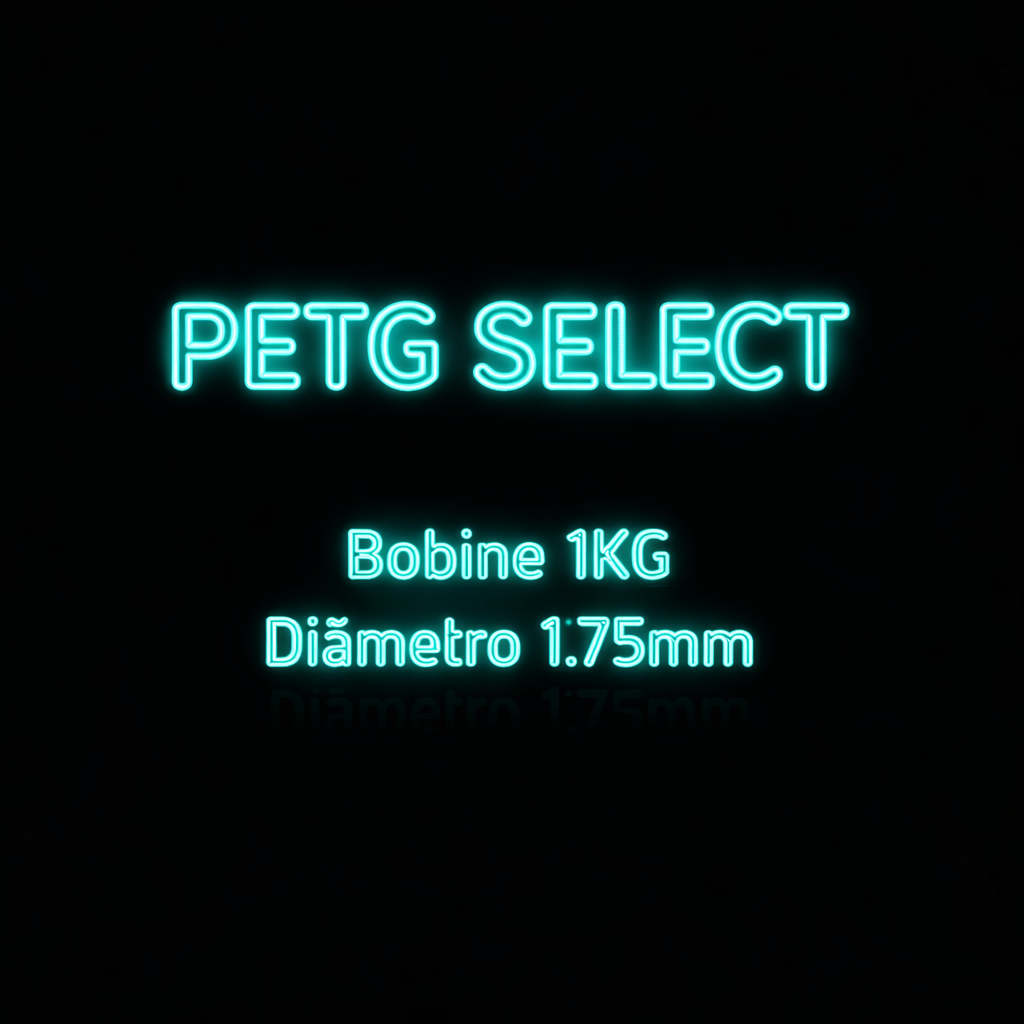 Texto em luz néon azul com a especificação do produto PETG SELECT