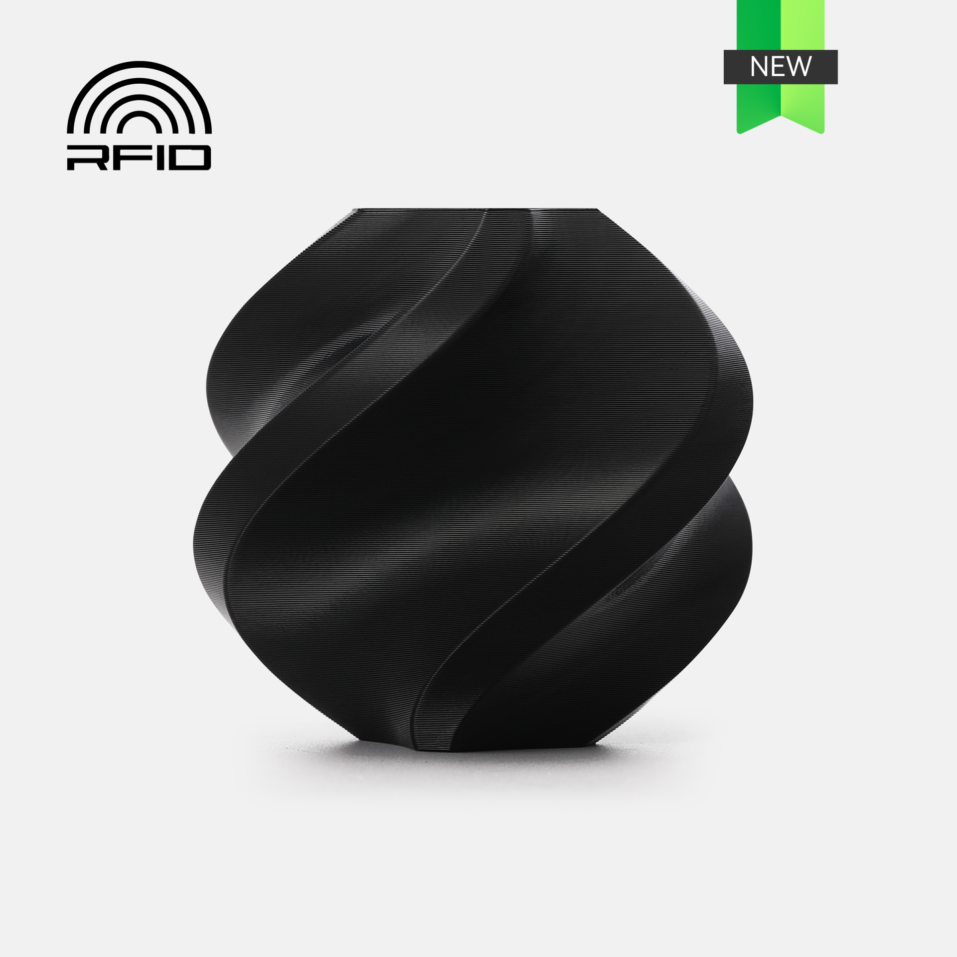 Objeto preto espiralado com ícone RFID e etiqueta NEW