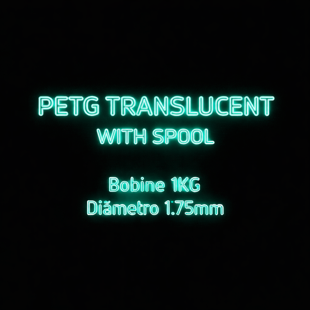 Texto luminoso com informações de filamento PETG translúcido para impressão 3D.