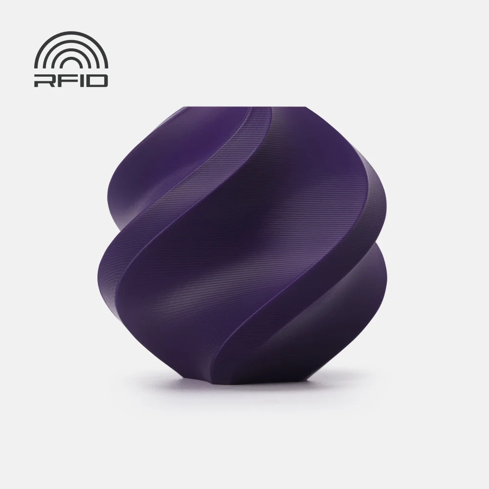 Objeto em espiral roxo com textura de linhas finas e texto RFID no canto superior esquerdo