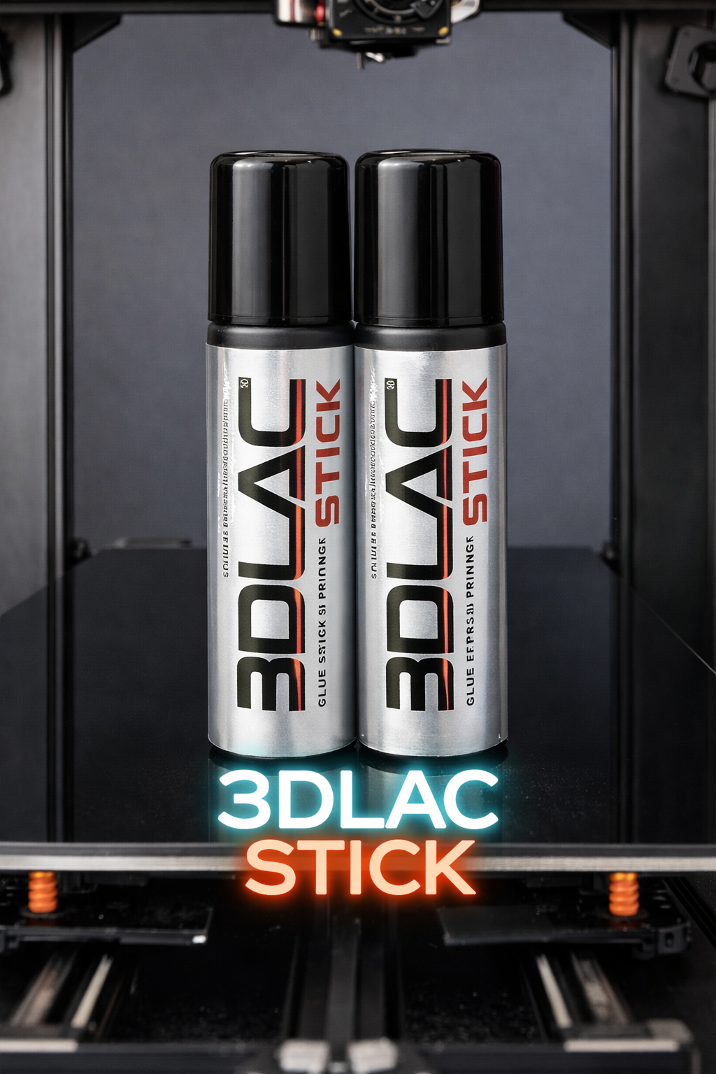 Dois sticks de cola 3DLAC STICK com rótulos prateados em impressora 3D