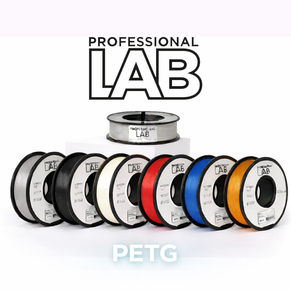 Rolos de filamento PETG Professional LAB em várias cores com fundo branco