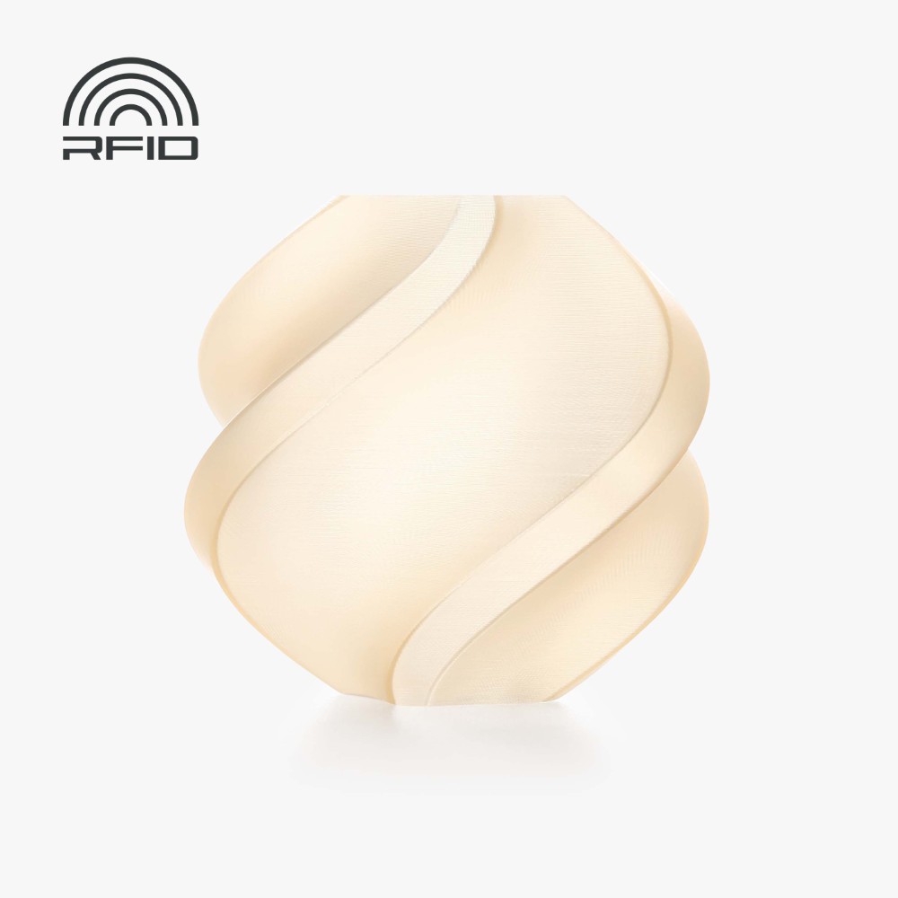 Luminária redonda bege claro com detalhes sinuosos e símbolo RFID