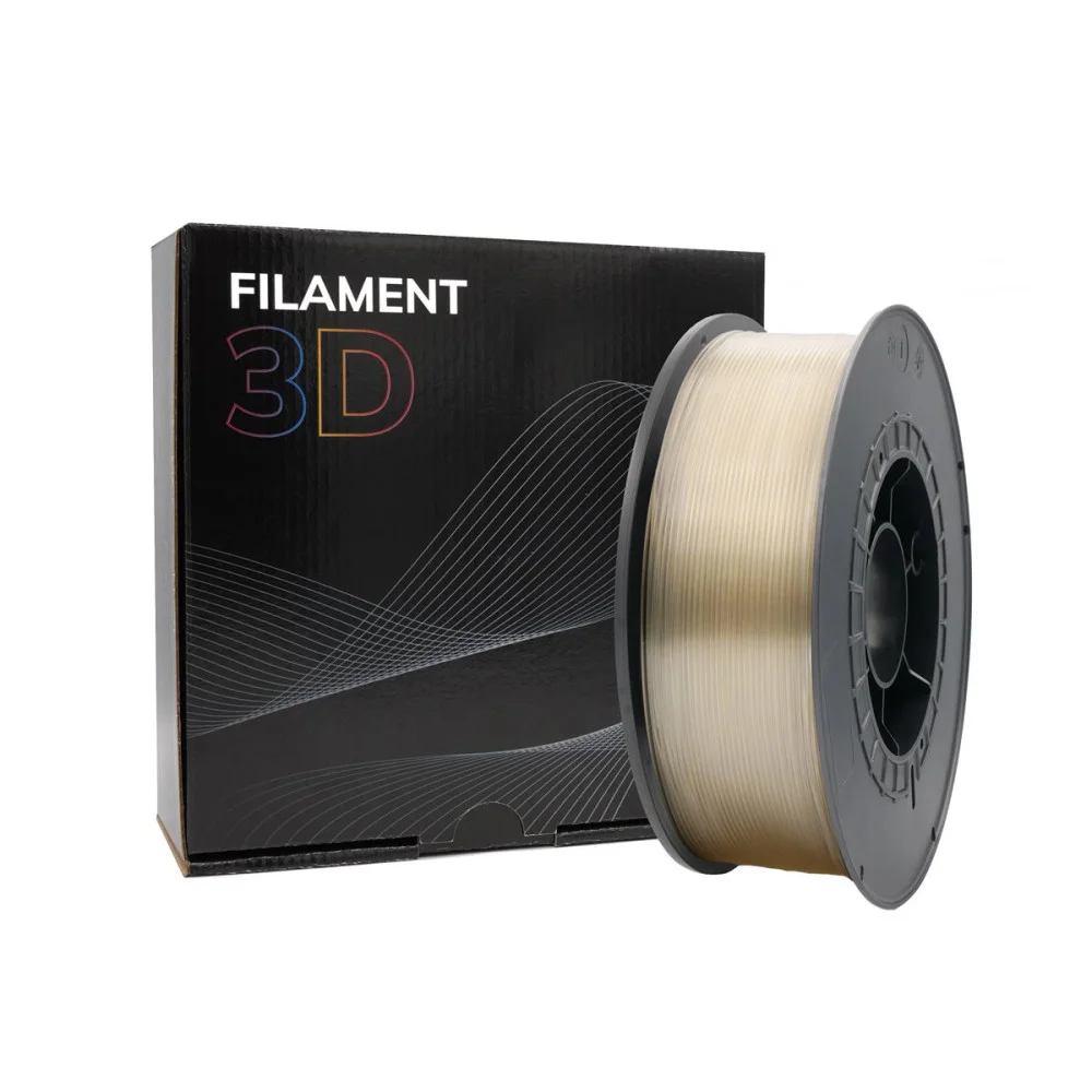 Rolo de filament bege claro para impressão 3D com embalagem preta ao fundo