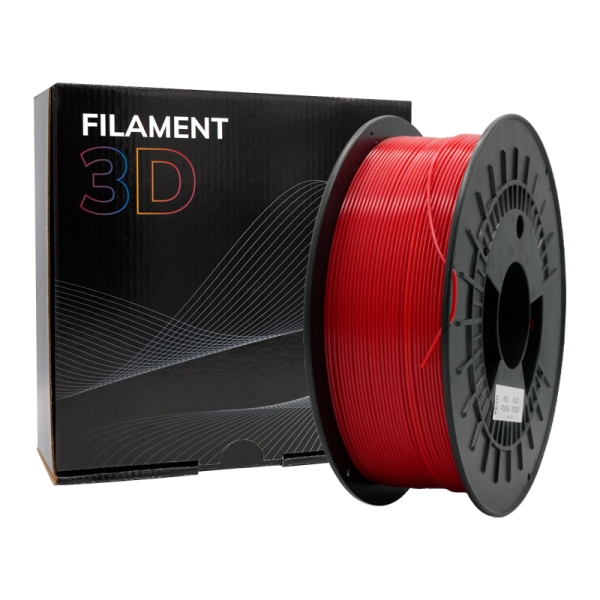Filamento 3D vermelho em carretel preto ao lado de caixa preta com texto FILAMENT 3D