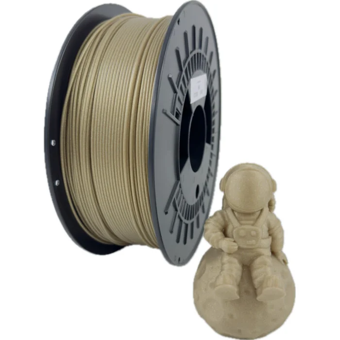 Bobina de filamento para impressora 3D bege e figura 3D de astronauta sentado na lua