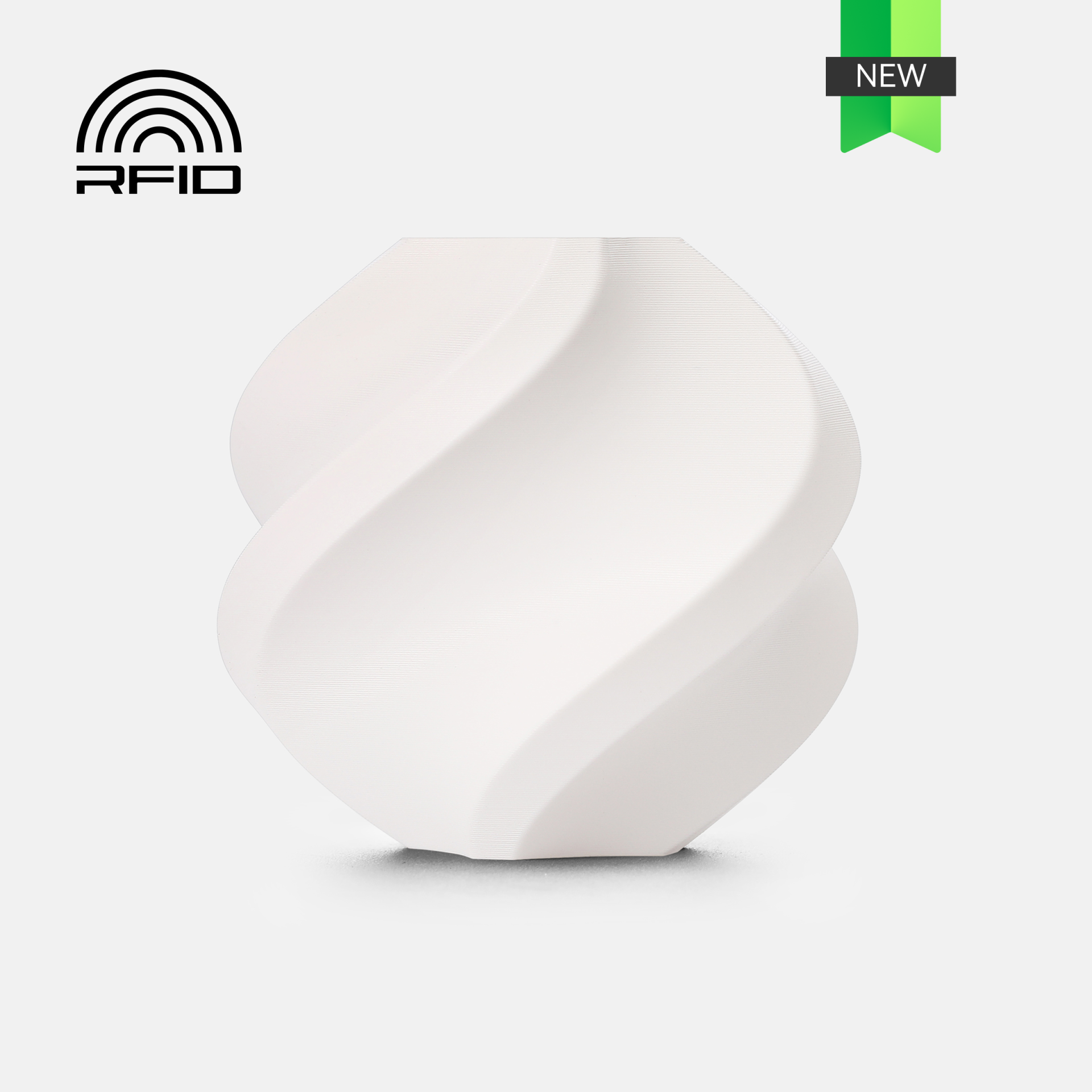 Produto branco espiralado com selo NEW e ícone RFID