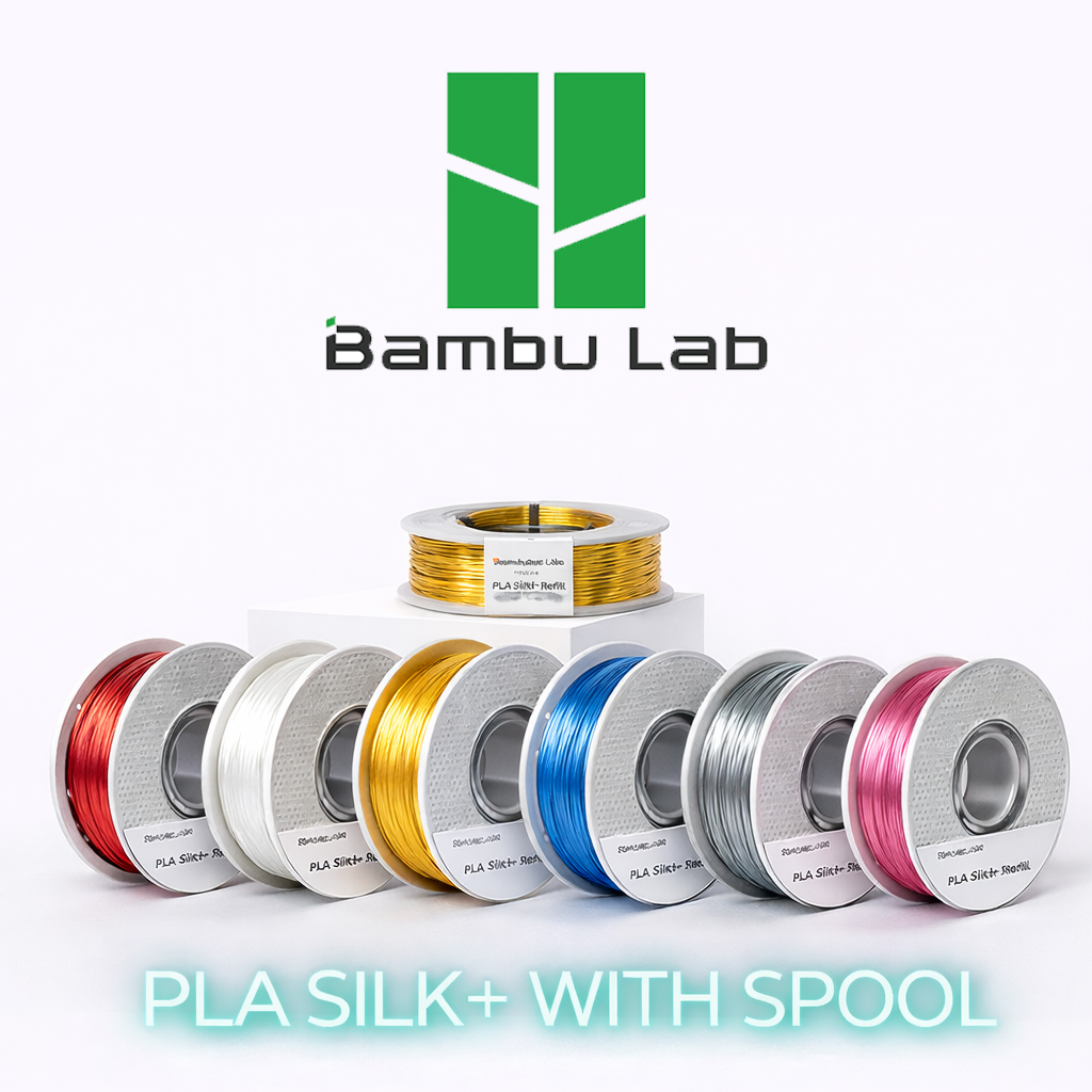 Seis bobinas coloridas de filamento PLA Silk+ da Bambu Lab em fundo branco