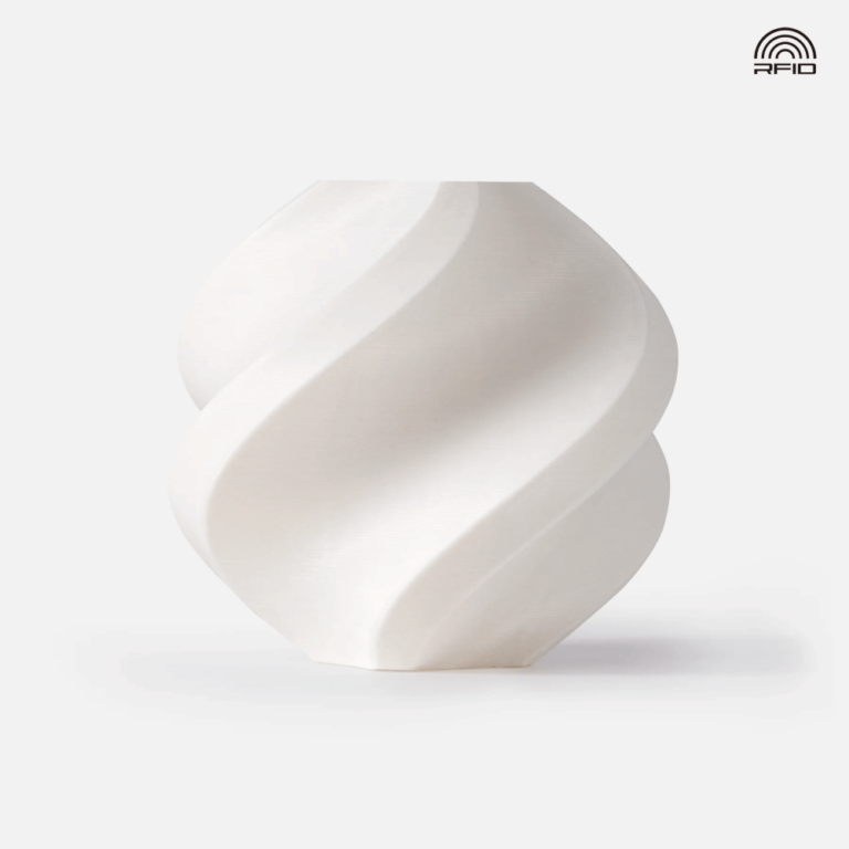 Vaso decorativo branco com design em espiral e símbolo RFID